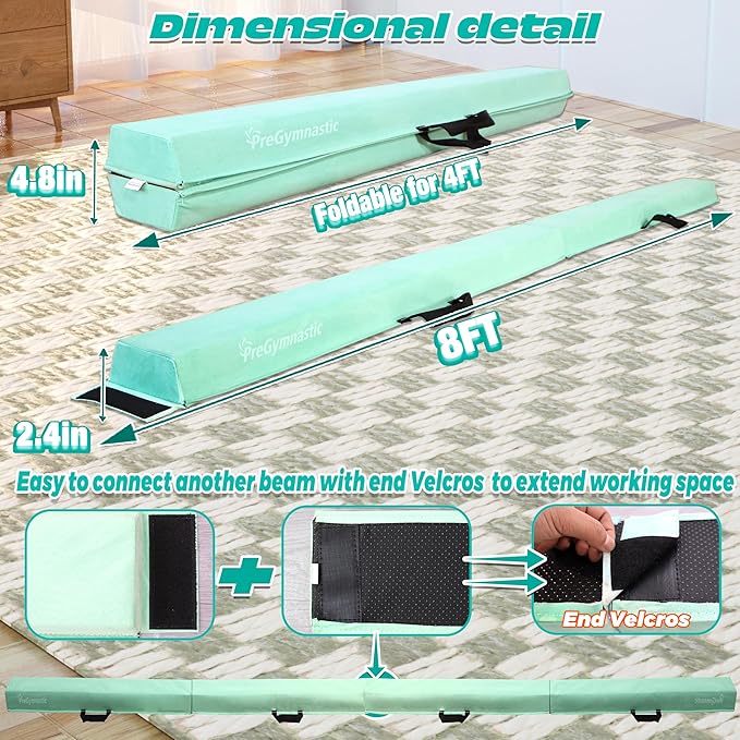 PreGymnastic 6FT/8FT/9.5FT Folding Balance Beam for Kids Ages 3-12, Foldable Gymnastics Floor Beam-Extra Firm Suede Cover with Carrying Bag for Home-Gym Equipment for Toddler Teenager