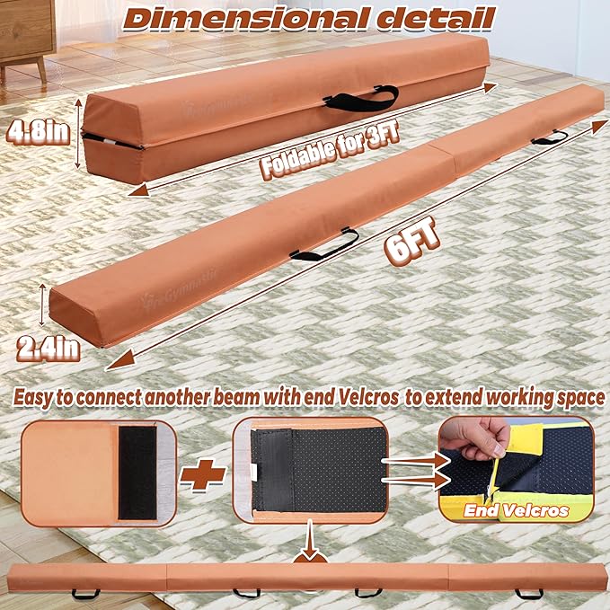 PreGymnastic 6FT/8FT/9.5FT Folding Balance Beam for Kids Ages 3-12, Foldable Gymnastics Floor Beam-Extra Firm Suede Cover with Carrying Bag for Home-Gym Equipment for Toddler Teenager
