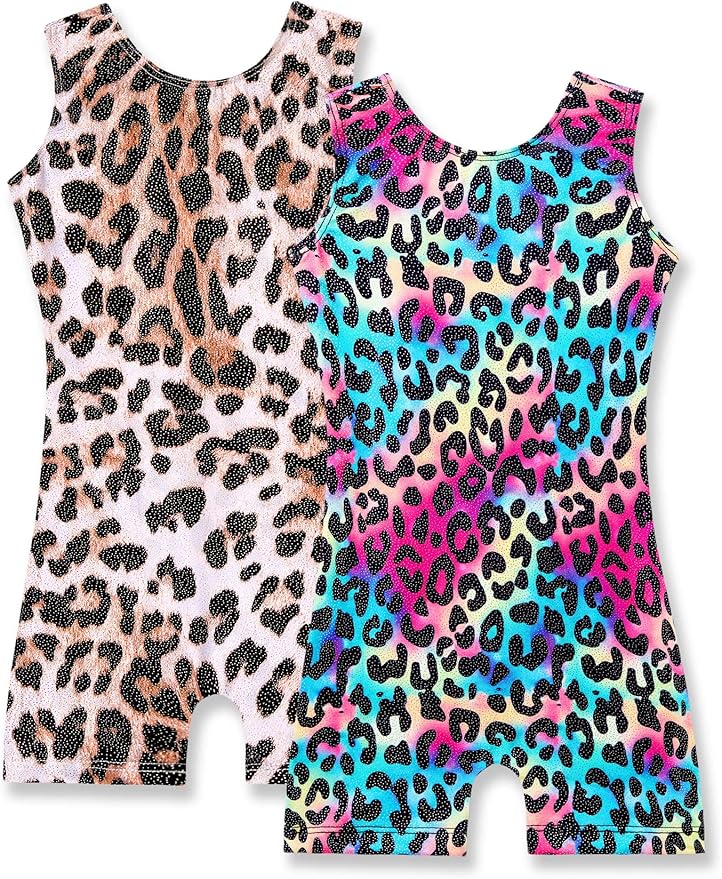 Nymphperi 2 Packs Gymnastics Leotard for Girls Sparkle Biketards with Shorts Kids Sleeveless Unitard One-Piece Dancewear