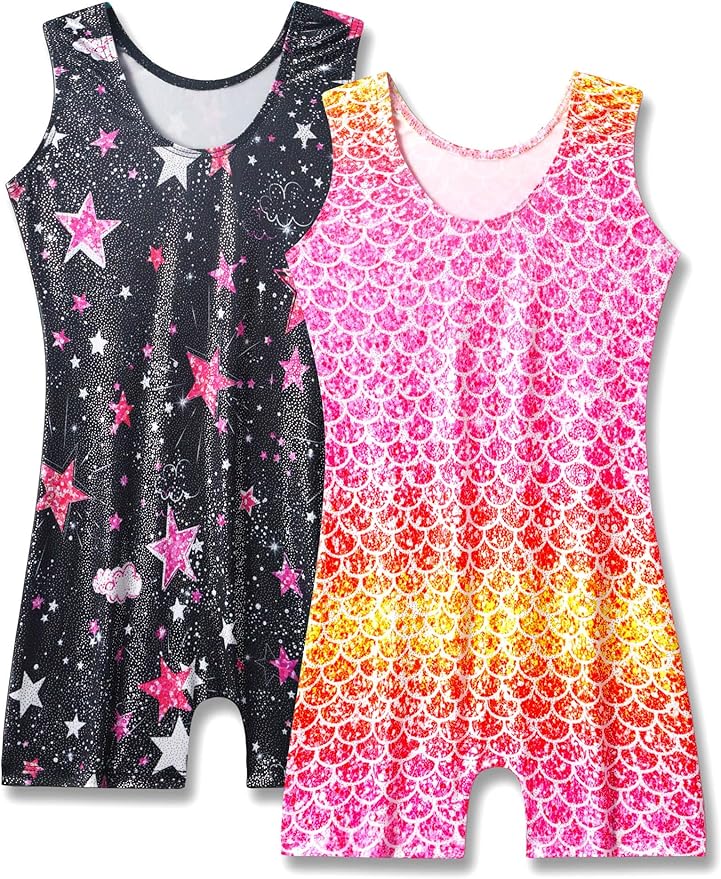 Nymphperi 2 Packs Gymnastics Leotard for Girls Sparkle Biketards with Shorts Kids Sleeveless Unitard One-Piece Dancewear