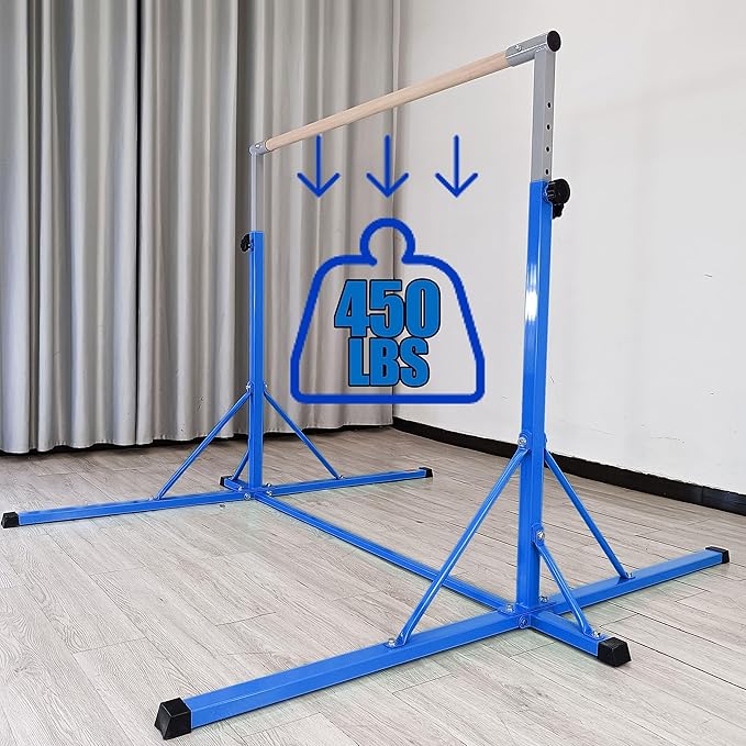 Gymnastics Bar, 5'10” Base length 45" to 71" Adjustable Horizontal Bar for Serious Training, 500 LBS Capacity, Professional Home Gym Equipment with Competition-Grade Beech-covered Fiberglass Bar