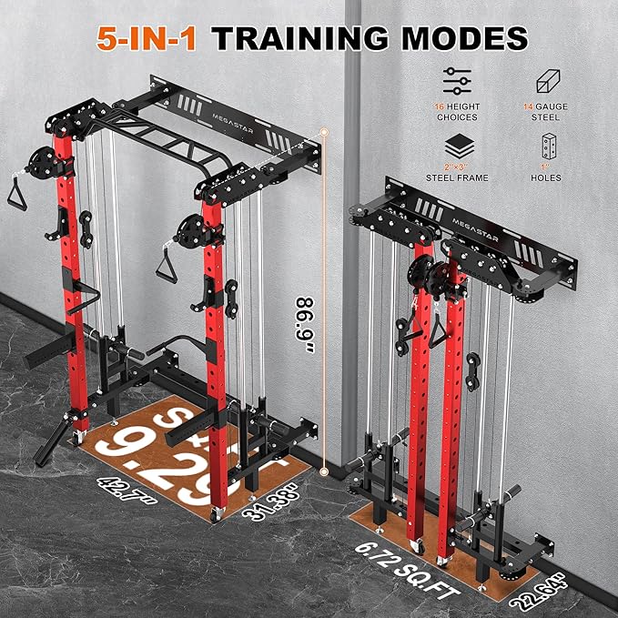 Folding Power Rack, Wall Mounted Squat Rack with Cable Pulley System, Multi-Grip Pull-Up Bar, Landmine for Home Gym, Compact Power for Small Spaces, FR67