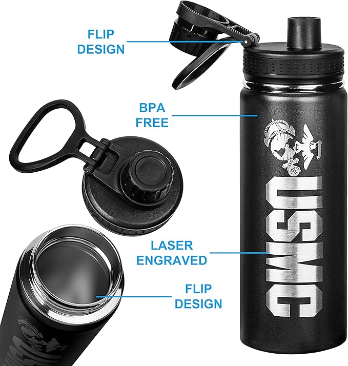 USMC 20oz Water Bottle | Marine Corps Double Wall Vacuum Insulated Stainless Steel | Disabled Vet Owned Business | USMC 20oz Water Bottle