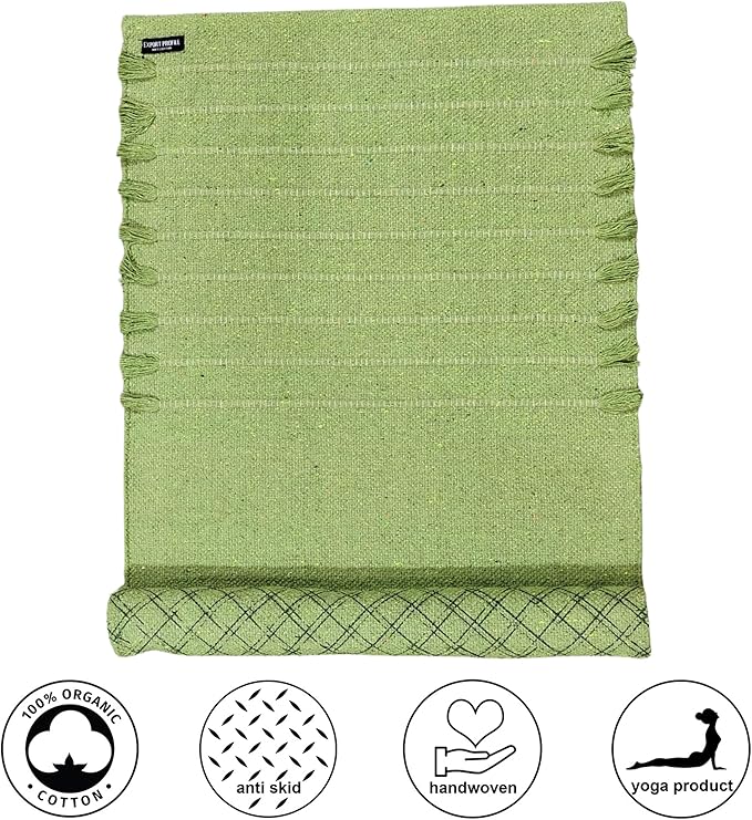 Indian Handmade100 % Organic Anti Skid Multi Colour Cotton Yoga Mat - Eco-Friendly Hand-Woven Rug - Non-Slip & Thick (24”x72”x5mm) for Hot yoga & Everyday Fitness at Home - Comfortable & Foldable Extra-Long Mat