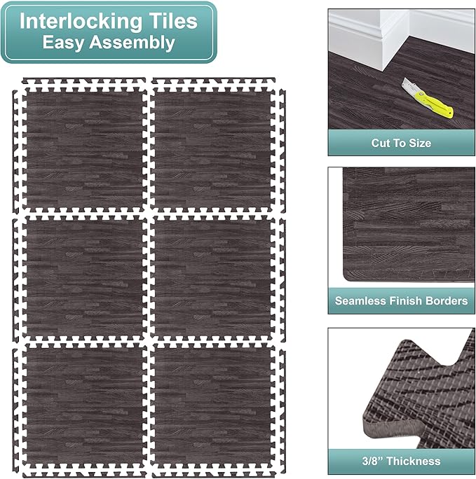 Sorbus 120 Sq. Ft. Wood Grain Floor Tiles Foam Mat EVA Interlocking Mats Tile 3/8-Inch Thick Flooring Wood Puzzle Exercise Mats w/Borders - Home Playroom Basement, Apartment, Trade Show, Baby, Dance