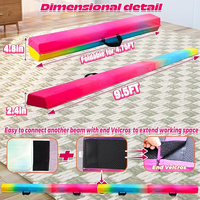 PreGymnastic 6FT/8FT/9.5FT Folding Balance Beam for Kids Ages 3-12, Foldable Gymnastics Floor Beam-Extra Firm Suede Cover with Carrying Bag for Home-Gym Equipment for Toddler Teenager