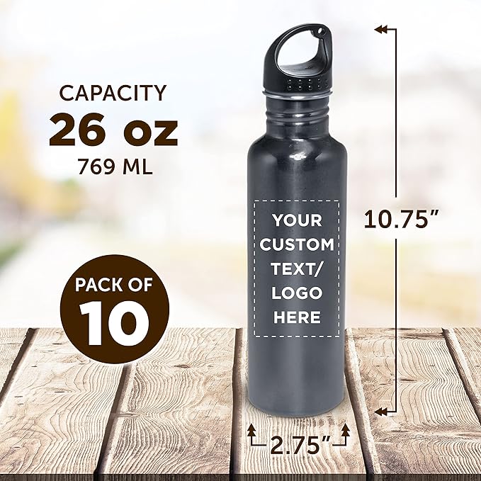DISCOUNT PROMOS Custom Stainless Steel Water Bottles 26 oz. Set of 10, Personalized Bulk Pack - Reusable, Leak Proof, Perfect for Gym, Hiking, Camping, Outdoor Sports - Grey
