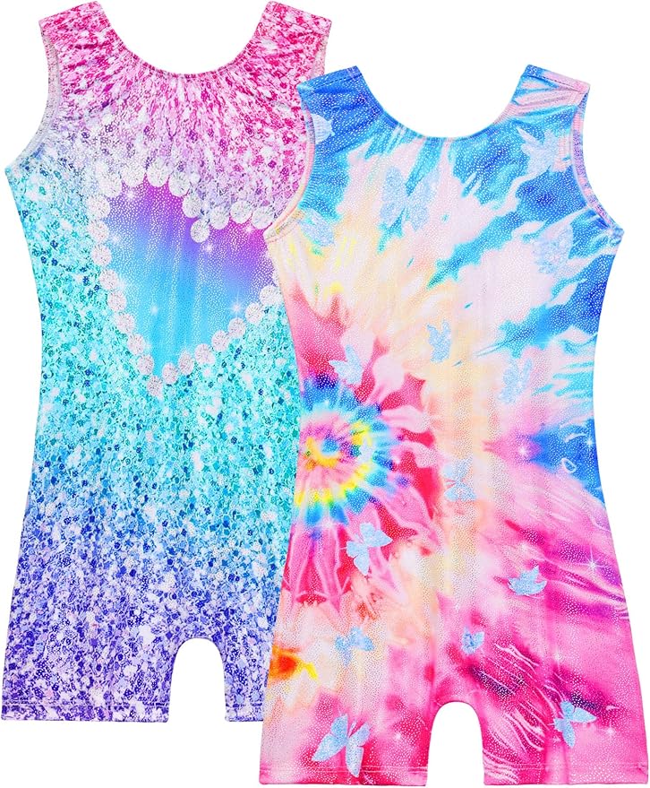 Nymphperi 2 Packs Gymnastics Leotard for Girls Sparkle Biketards with Shorts Kids Sleeveless Unitard One-Piece Dancewear