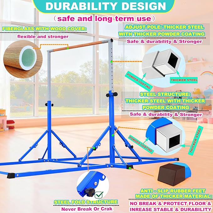 Marfula Gymnastic Bar For Kid and Teenage of 3-25, 5Ft/8 FT Base Length 4Ft Width 5Ft Adjust Height, Gymnastic Kip Bar For Gymnast, Gymnastic Training Equipment For Professional Training Home Club Use