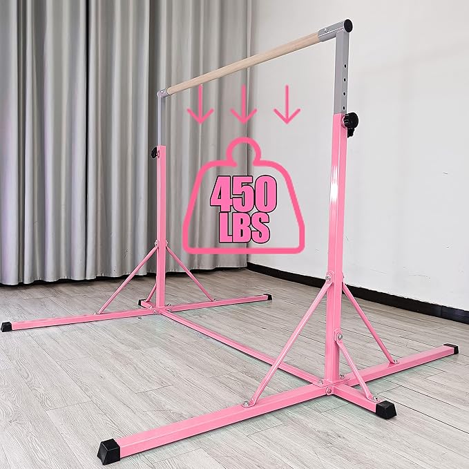 Gymnastics Bar, 5'10” Base length 45" to 71" Adjustable Horizontal Bar for Serious Training, 500 LBS Capacity, Professional Home Gym Equipment with Competition-Grade Beech-covered Fiberglass Bar