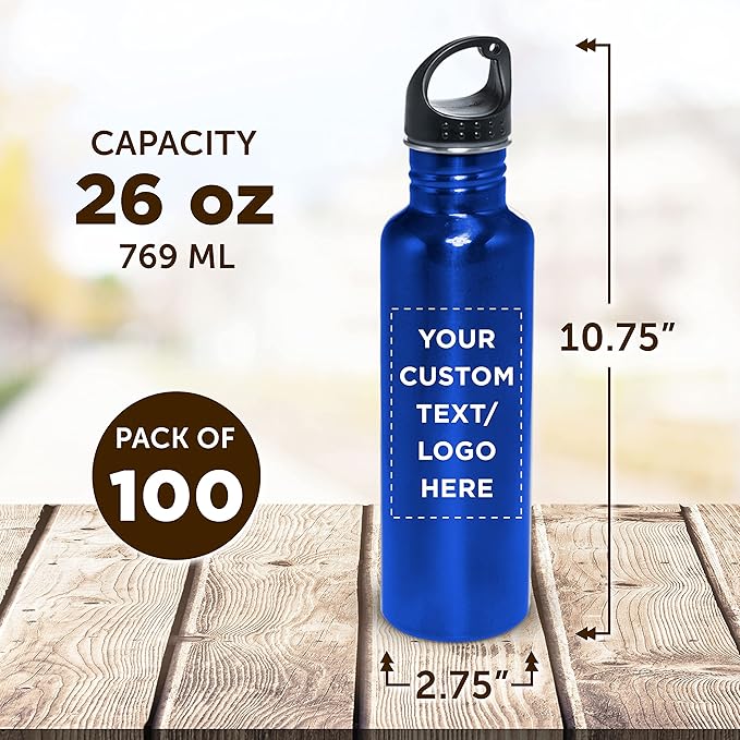 DISCOUNT PROMOS Custom Stainless Steel Water Bottles 26 oz. Set of 100, Personalized Bulk Pack - Reusable, Leak Proof, Perfect for Gym, Hiking, Camping, Outdoor Sports - Met Blue