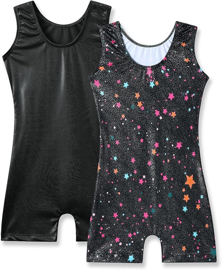 Nymphperi 2 Packs Gymnastics Leotard for Girls Sparkle Biketards with Shorts Kids Sleeveless Unitard One-Piece Dancewear