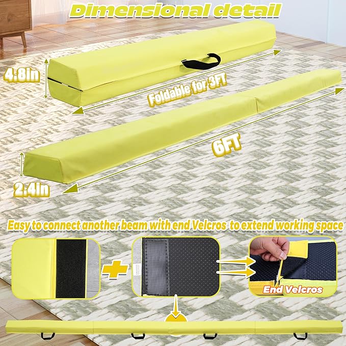 PreGymnastic 6FT/8FT/9.5FT Folding Balance Beam for Kids Ages 3-12, Foldable Gymnastics Floor Beam-Extra Firm Suede Cover with Carrying Bag for Home-Gym Equipment for Toddler Teenager
