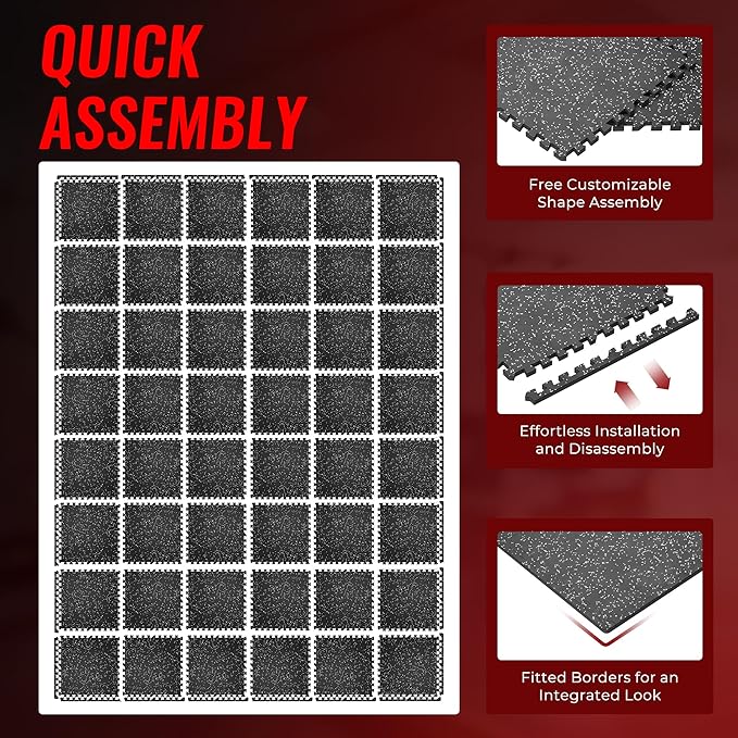 SUPERJARE 0.56'' Thick 48 Pcs 192 Sq Ft Rubber Top Exercise Equipment Mats, High Density EVA Foam Mats with Rubber Top, Interlocking Gym Flooring for Home Gym, Protective Workout Mat, Black/Grey