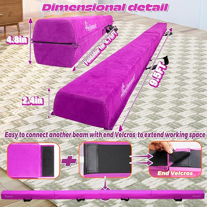 PreGymnastic 6FT/8FT/9.5FT Folding Balance Beam for Kids Ages 3-12, Foldable Gymnastics Floor Beam-Extra Firm Suede Cover with Carrying Bag for Home-Gym Equipment for Toddler Teenager