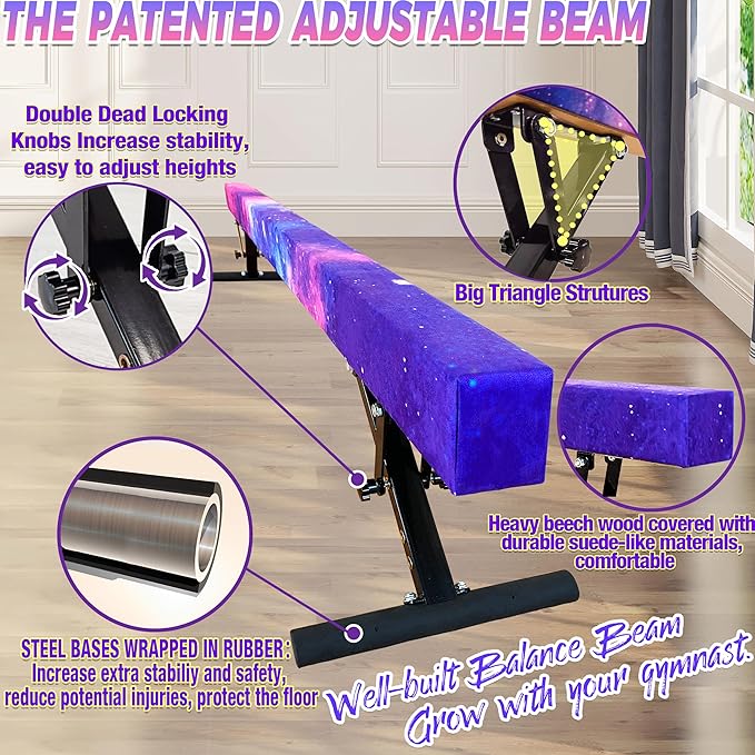 PreGymnastic 8FT Balance Beam, Raised Gymnastics Beam for Kids Ages 3-12, Home Gym Equipment for Training, Adjustable Balancing Beam Indoor, Off-Ground Competition Style