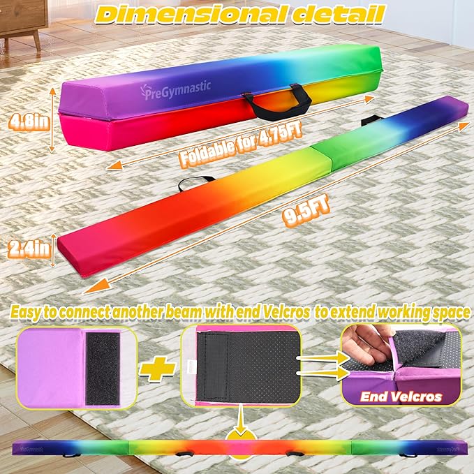 PreGymnastic 6FT/8FT/9.5FT Folding Balance Beam for Kids Ages 3-12, Foldable Gymnastics Floor Beam-Extra Firm Suede Cover with Carrying Bag for Home-Gym Equipment for Toddler Teenager