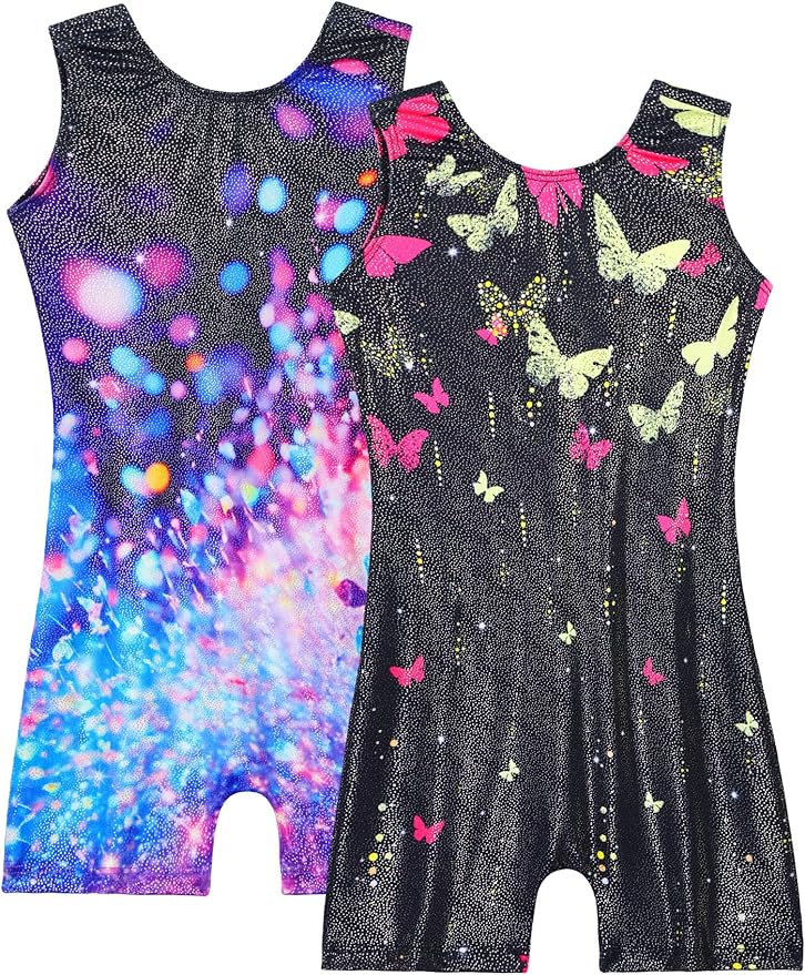 Nymphperi 2 Packs Gymnastics Leotard for Girls Sparkle Biketards with Shorts Kids Sleeveless Unitard One-Piece Dancewear