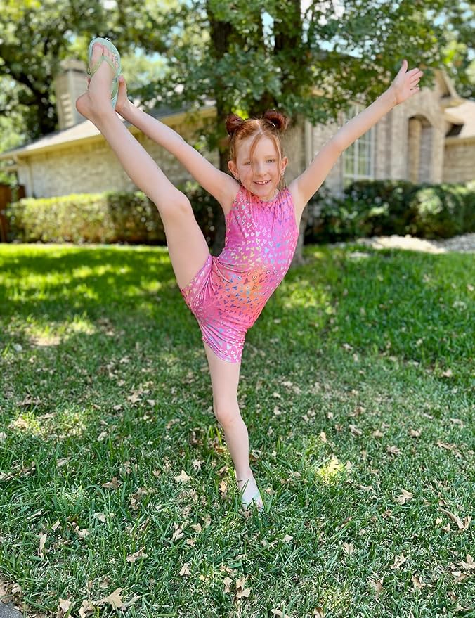 Domusgo Gymnastics Leotards for Girls Sparkly One-Piece Pro Kids Unitard Biketards with Shorts
