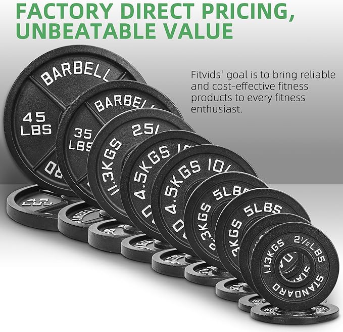 Fitvids 2-Inch Olympic Cast Iron Weight Plate for Strength Training & Weightlifting, Multiple Sizes