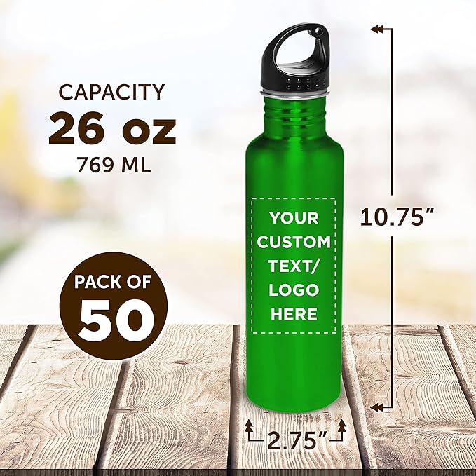 DISCOUNT PROMOS Custom Stainless Steel Water Bottles 26 oz. Set of 50, Personalized Bulk Pack - Reusable, Leak Proof, Perfect for Gym, Hiking, Camping, Outdoor Sports - Green