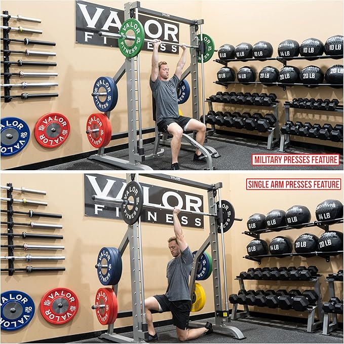 Valor Fitness Smith Machine Multi-Function Power Rack - 500lb Squat Rack or Bench Press Station - 2" Plate Storage Pegs- Attached Sliding Knurled Barbell - Home Gym