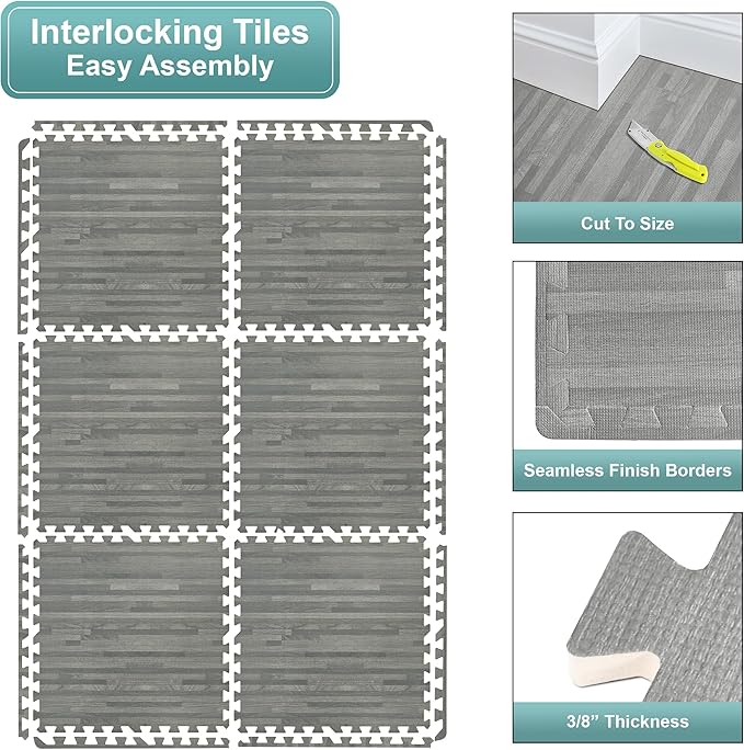 Sorbus 120 Sq. Ft. Wood Grain Floor Tiles Foam Mat EVA Interlocking Mats Tile 3/8-Inch Thick Flooring Wood Puzzle Exercise Mats w/Borders - Home Playroom Basement, Apartment, Trade Show, Baby, Dance