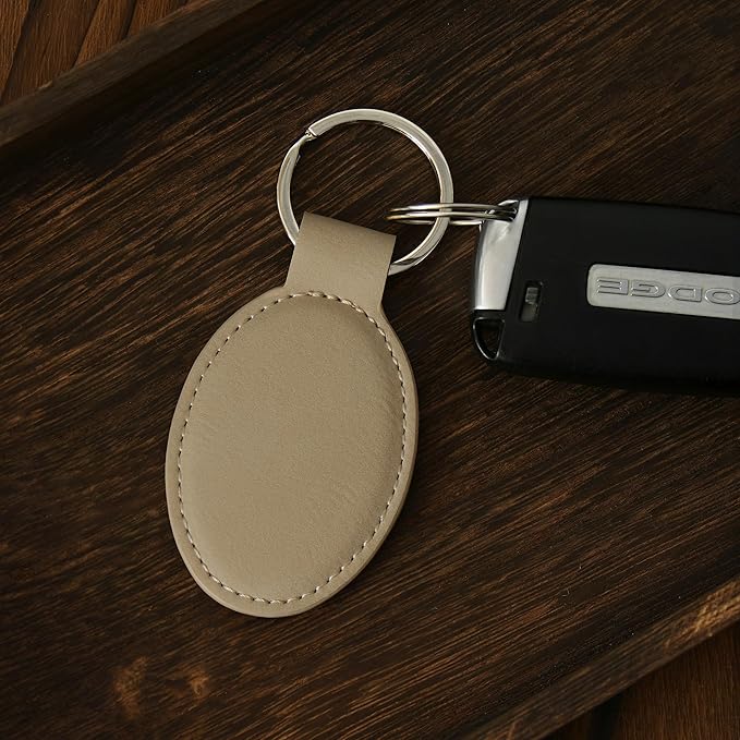 LaserGram Oval Keychain, Quad, Personalized Engraving Included (Beige)