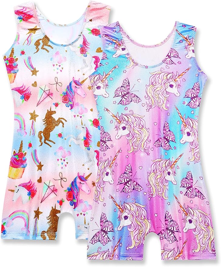 Nymphperi 2 Packs Gymnastics Leotard for Girls Sparkle Biketards with Shorts Kids Sleeveless Unitard One-Piece Dancewear