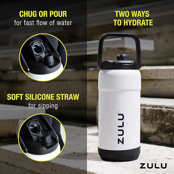 ZULU Goals Vacuum Insulated Large Capacity Stainless Steel Water Bottle | Reusable Jug Thermoses with Carry Handle | Leak-Proof Lid | Perfect for Travel, Workout, Gym, Hiking, Camping | 64oz, 101oz