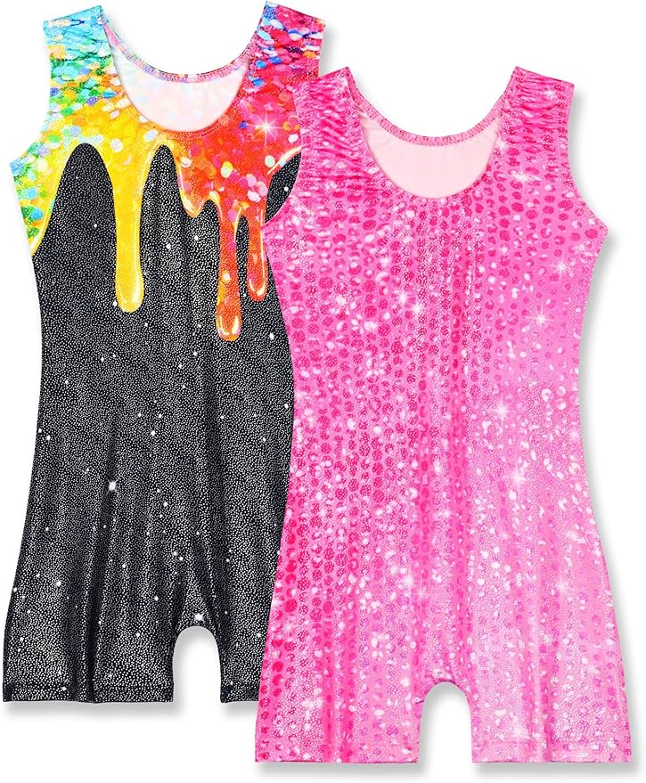 Nymphperi 2 Packs Gymnastics Leotard for Girls Sparkle Biketards with Shorts Kids Sleeveless Unitard One-Piece Dancewear