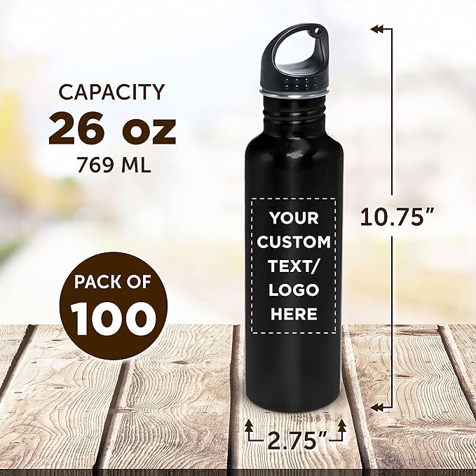 DISCOUNT PROMOS Custom Stainless Steel Water Bottles 26 oz. Set of 100, Personalized Bulk Pack - Reusable, Leak Proof, Perfect for Gym, Hiking, Camping, Outdoor Sports - Black