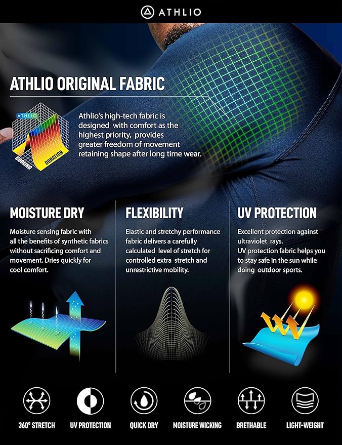 ATHLIO Men's UPF 50+ Long Sleeve Compression Shirts, Water Sports Rash Guard Base Layer, Athletic Workout Shirt