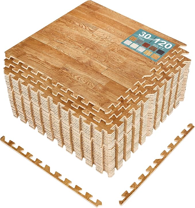 Sorbus 120 Sq. Ft. Wood Grain Floor Tiles Foam Mat EVA Interlocking Mats Tile 3/8-Inch Thick Flooring Wood Puzzle Exercise Mats w/Borders - Home Playroom Basement, Apartment, Trade Show, Baby, Dance