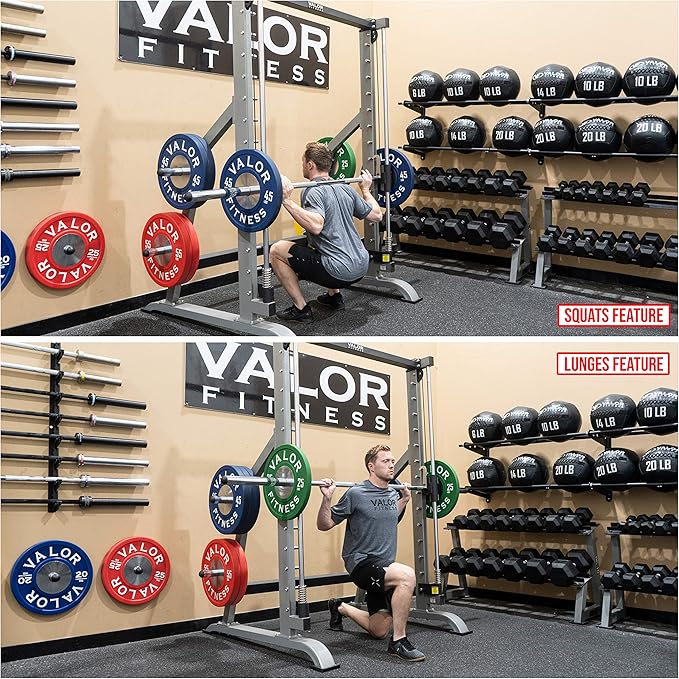 Valor Fitness Smith Machine Multi-Function Power Rack - 500lb Squat Rack or Bench Press Station - 2" Plate Storage Pegs- Attached Sliding Knurled Barbell - Home Gym