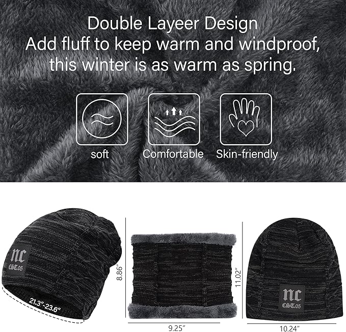 FZ FANTASTIC ZONE Mens Womens Winter Beanie Hat Scarf Set Warm Knit Thick Fleece Lined Skull Cap Neck Warmer for Men Women