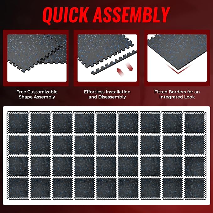 SUPERJARE 0.56'' Thick 36 Pcs 144 Sq Ft Rubber Top Exercise Equipment Mats, High Density EVA Foam Mats with Rubber Top, Interlocking Gym Flooring for Home Gym, Protective Workout Mat, Black/Blue