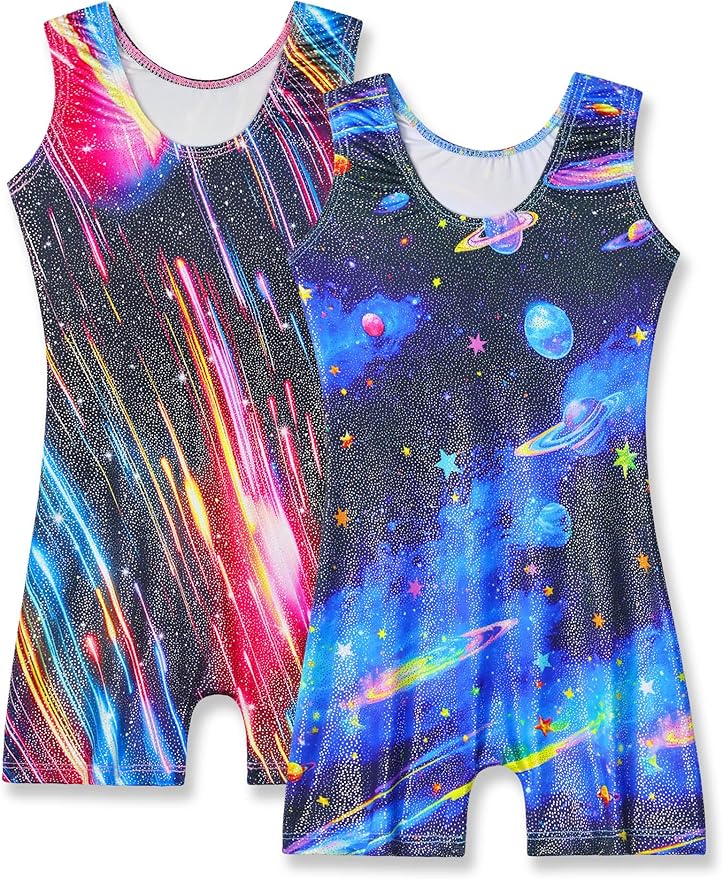 Nymphperi 2 Packs Gymnastics Leotard for Girls Sparkle Biketards with Shorts Kids Sleeveless Unitard One-Piece Dancewear