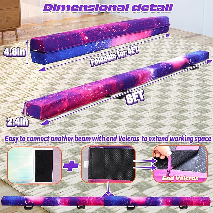 PreGymnastic 6FT/8FT/9.5FT Folding Balance Beam for Kids Ages 3-12, Foldable Gymnastics Floor Beam-Extra Firm Suede Cover with Carrying Bag for Home-Gym Equipment for Toddler Teenager