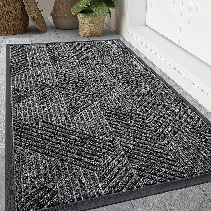 Smiry Front Door Mat Outside Entrance, Heavy Duty Sturdy Natural Rubber Doormat, Trap Dirt and Moisture, Easy Clean Low Profile Mats for Indoor Outdoor Entry, Irregular Triangle (47x24, Grey)