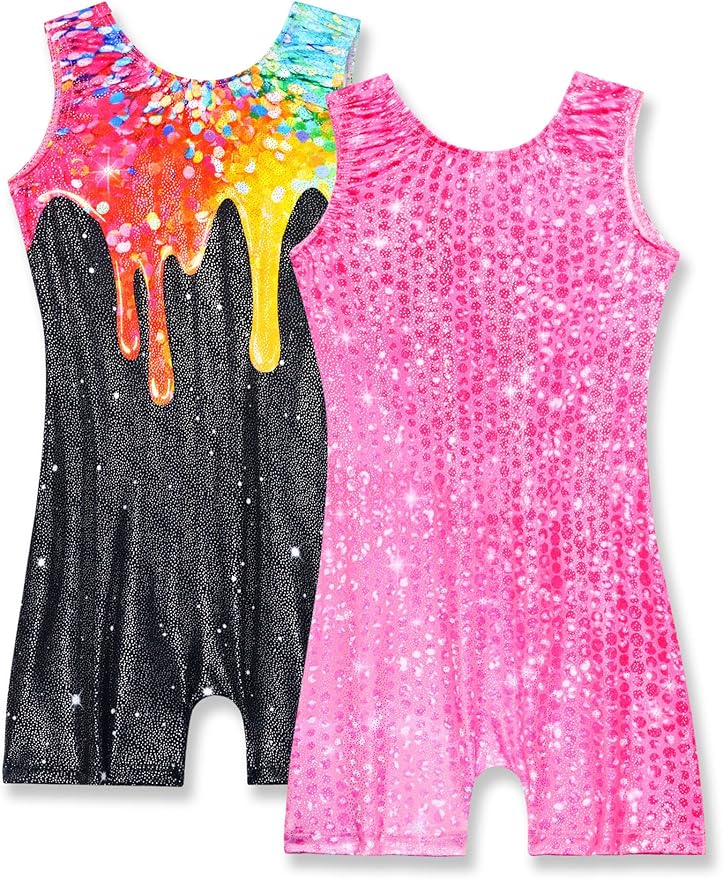 Nymphperi 2 Packs Gymnastics Leotard for Girls Sparkle Biketards with Shorts Kids Sleeveless Unitard One-Piece Dancewear