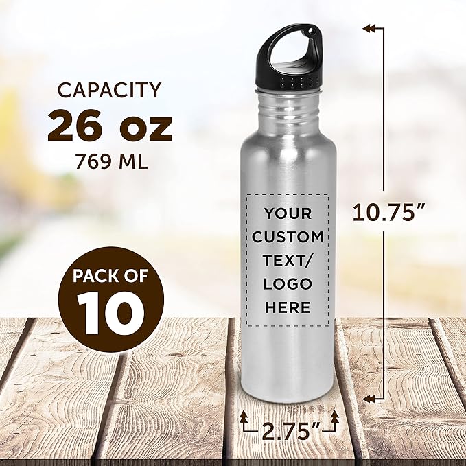 DISCOUNT PROMOS Custom Stainless Steel Water Bottles 26 oz. Set of 10, Personalized Bulk Pack - Reusable, Leak Proof, Perfect for Gym, Hiking, Camping, Outdoor Sports - Silver