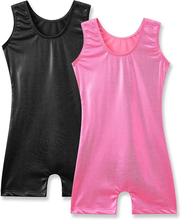 Nymphperi 2 Packs Gymnastics Leotard for Girls Sparkle Biketards with Shorts Kids Sleeveless Unitard One-Piece Dancewear