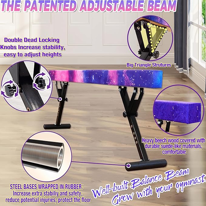 PreGymnastic 8FT Balance Beam, Raised Gymnastics Beam for Kids Ages 3-12, Home Gym Equipment for Training, Adjustable Balancing Beam Indoor, Off-Ground Competition Style