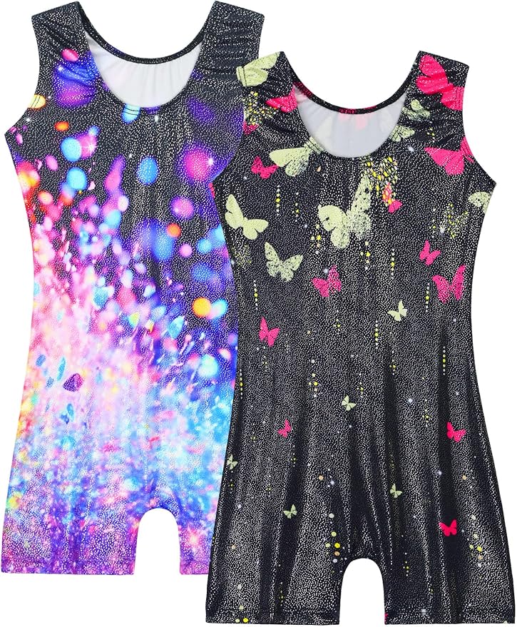 Nymphperi 2 Packs Gymnastics Leotard for Girls Sparkle Biketards with Shorts Kids Sleeveless Unitard One-Piece Dancewear