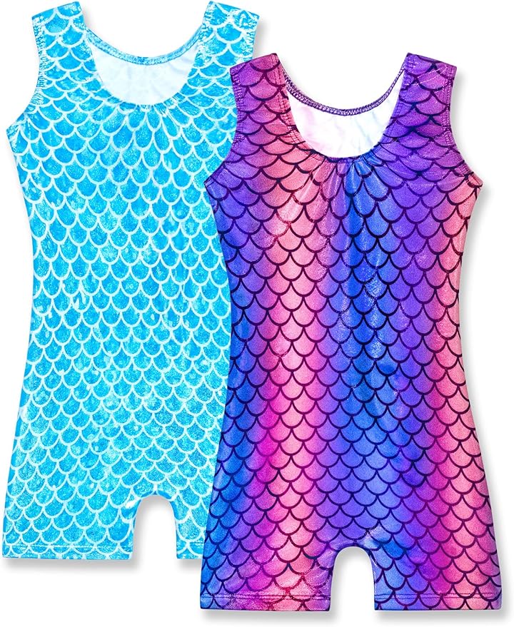 Nymphperi 2 Packs Gymnastics Leotard for Girls Sparkle Biketards with Shorts Kids Sleeveless Unitard One-Piece Dancewear