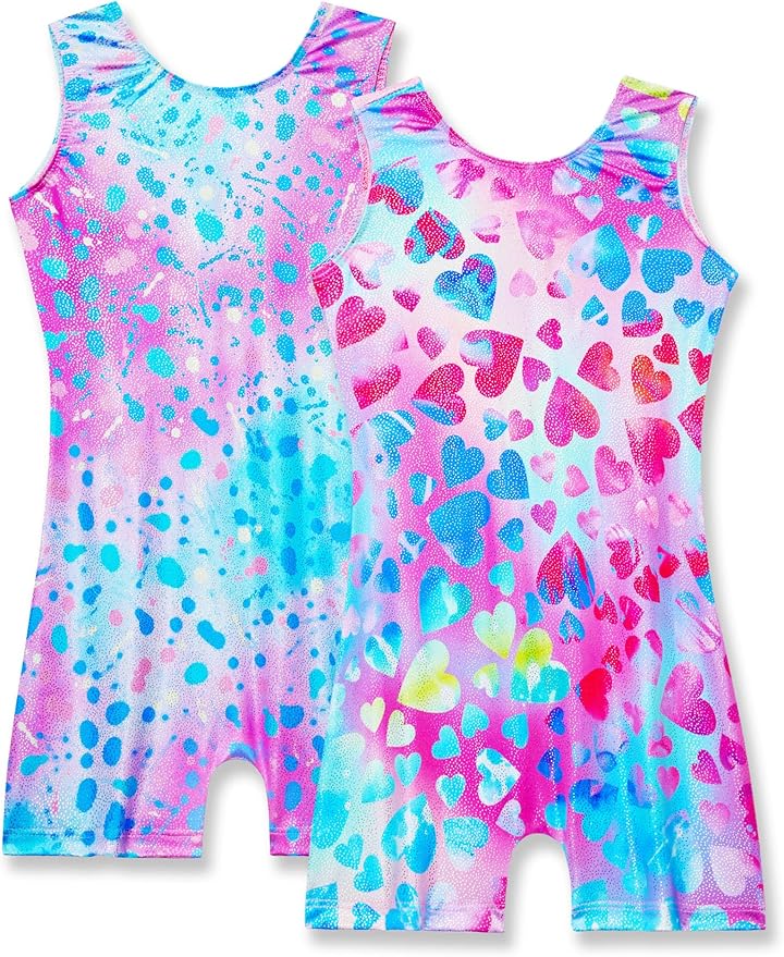 Nymphperi 2 Packs Gymnastics Leotard for Girls Sparkle Biketards with Shorts Kids Sleeveless Unitard One-Piece Dancewear