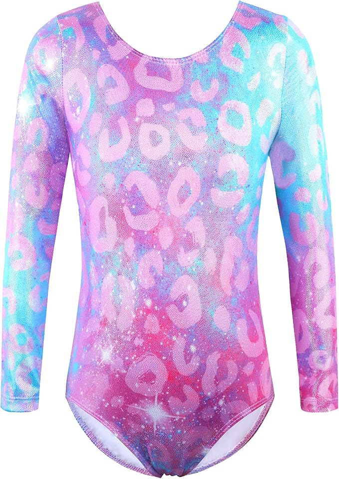 BAOHULU Leotards for Girls Gymnastics Long Sleeve Embroidery Shiny Black Diamond Dance Clothes