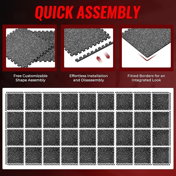 SUPERJARE 0.56'' Thick 36 Pcs 144 Sq Ft Rubber Top Exercise Equipment Mats, High Density EVA Foam Mats with Rubber Top, Interlocking Gym Flooring for Home Gym, Protective Workout Mat, Black/Grey