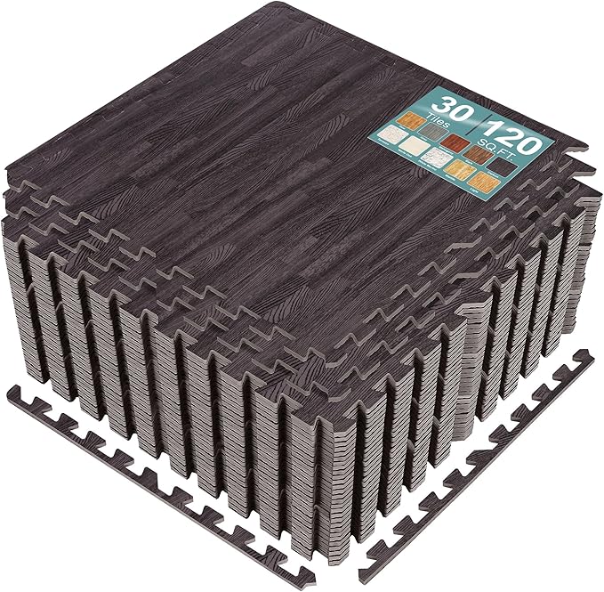 Sorbus 120 Sq. Ft. Wood Grain Floor Tiles Foam Mat EVA Interlocking Mats Tile 3/8-Inch Thick Flooring Wood Puzzle Exercise Mats w/Borders - Home Playroom Basement, Apartment, Trade Show, Baby, Dance